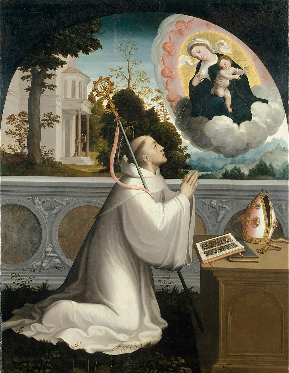 Saint Bernard of Clairvaux kneeling in a white Cistercian habit with his hands joined, looking up at the Virgin and Child appearing in a cloud, painted by Juan Correa de Vivar