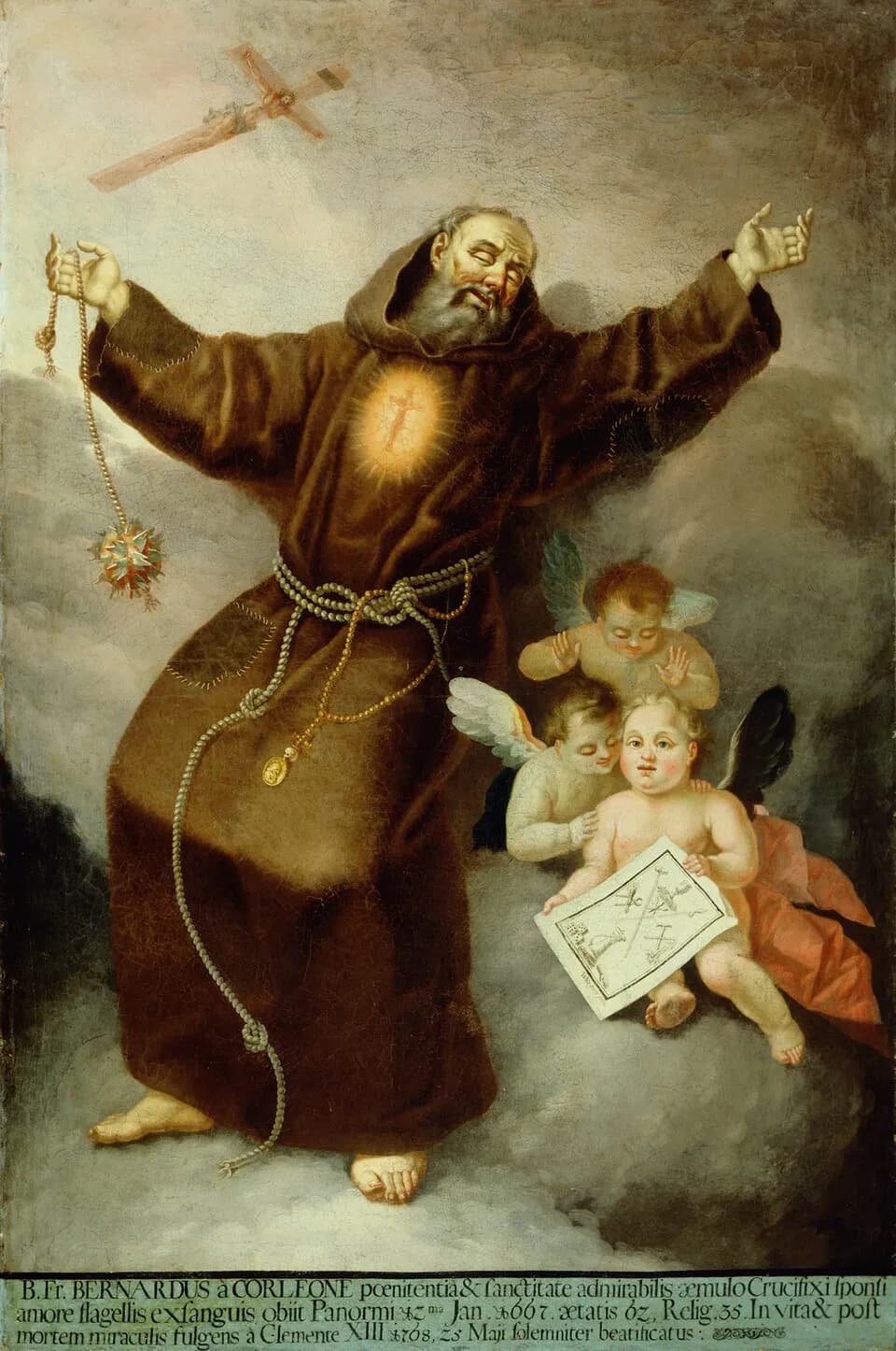 Painting of a gray-bearded Capuchin friar in a patched brown habit standing on clouds with arms flung wide and eyes closed, a crucifix glowing on his chest and another floating above him, a scourge hanging from one hand, with three cherubs beside him and a Latin inscription below naming him Blessed Brother Bernard of Corleone