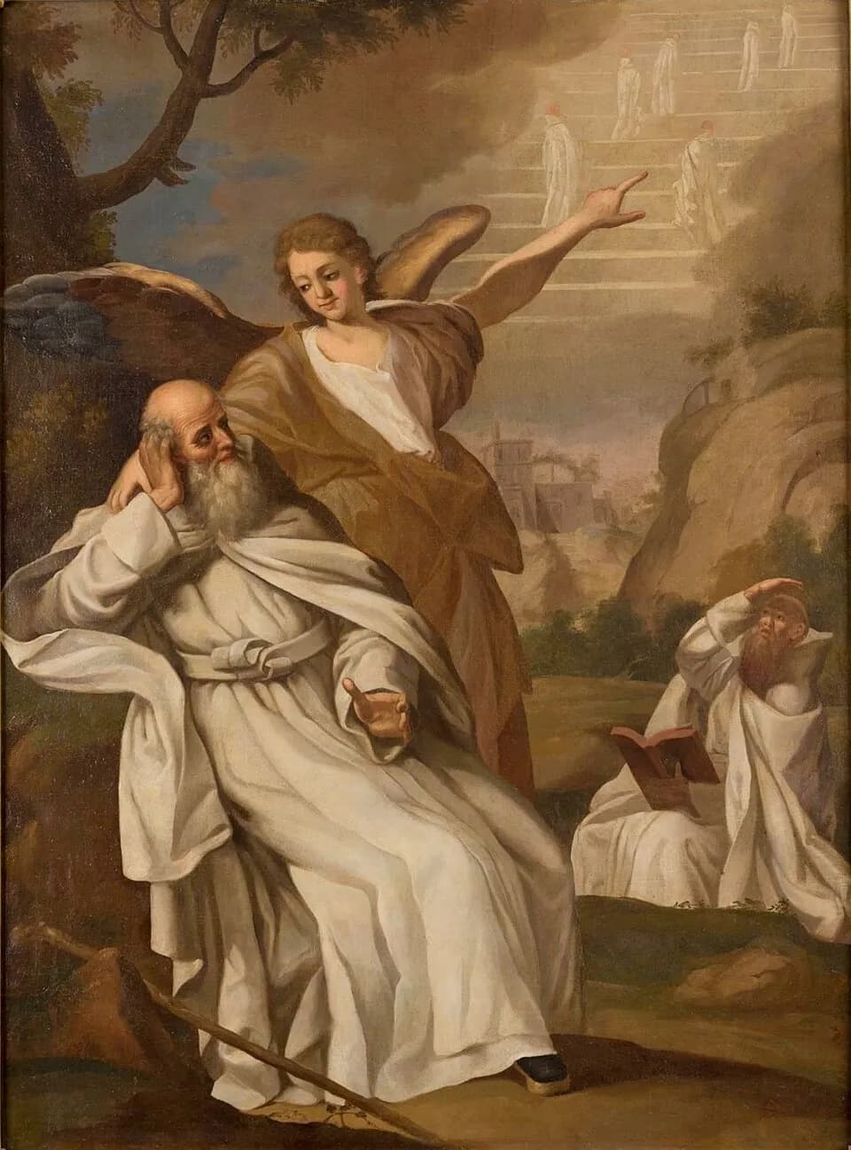 Painting of an old white-bearded monk in a white habit seated under a tree, while an angel behind him points to a stairway in the clouds that white-robed monks are climbing; a second monk in white sits nearby shading his eyes