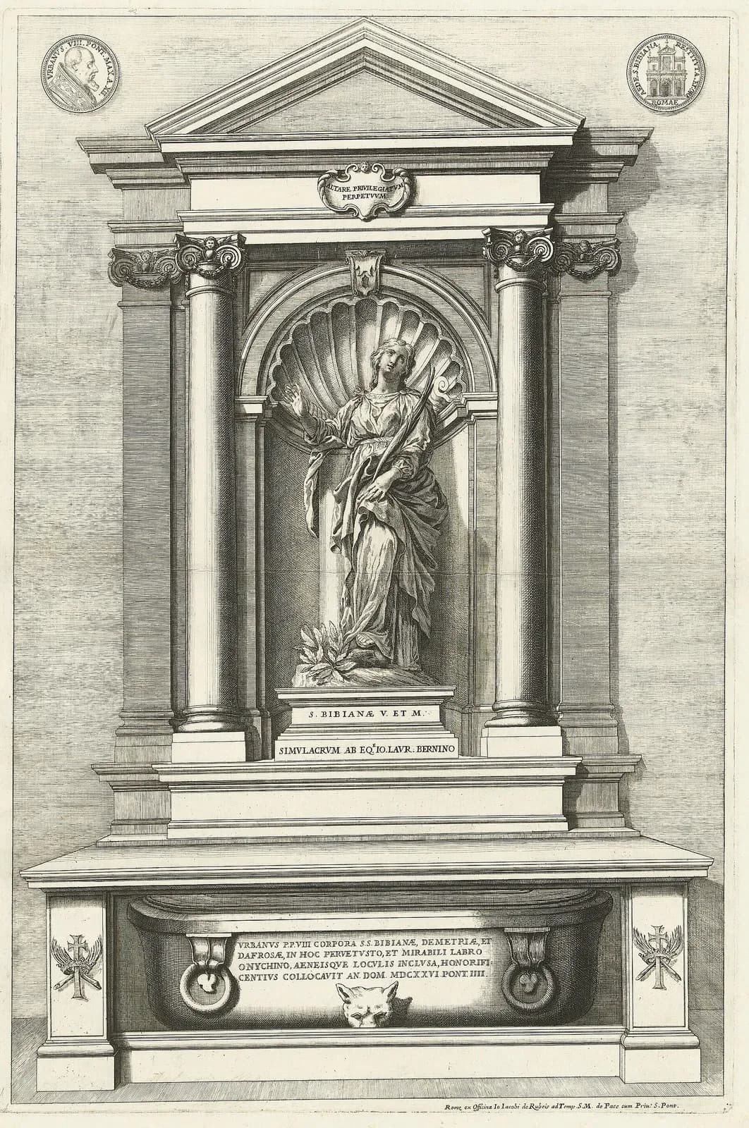 Engraving of an altar in the church of Santa Bibiana in Rome: a statue of a young woman stands in a shell-shaped niche between two columns, leaning on a short pillar with a palm branch in her hand and looking upward, above a stone urn carved with a Latin inscription of Pope Urban VIII
