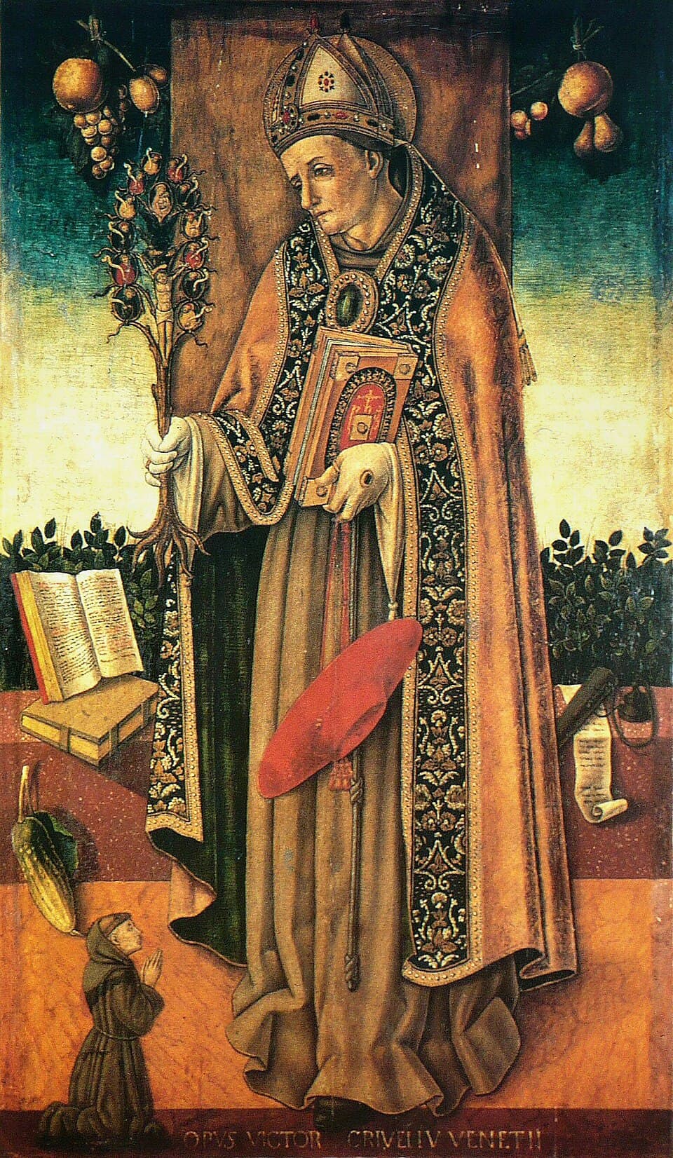 A panel painting of Saint Bonaventure in a bishop's mitre and embroidered cope over a Franciscan habit, holding a flowering branch and a book, with a small kneeling friar at his feet