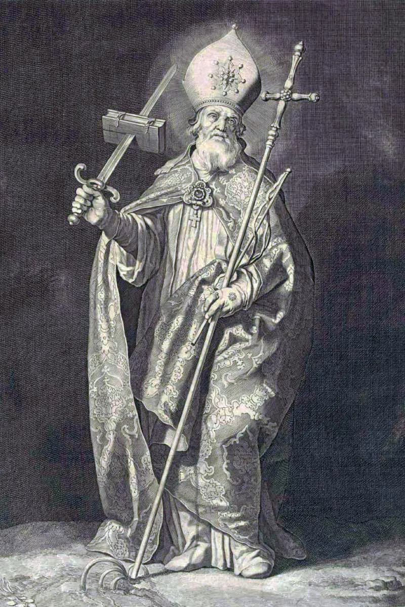 Grabado de San Bonifacio con mitra y capa pluvial bordada, que sostiene en una mano la cruz de arzobispo y en la otra una espada clavada a través de un libro cerrado