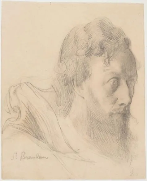 Pencil study of the head and shoulders of a bearded, curly-haired man looking intently to the right, a cloak loosely drawn at his shoulder, labeled "St Brandan" at lower left