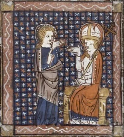 Fourteenth-century French manuscript miniature on a blue and red patterned ground: at left a young haloed man with curly fair hair, in a blue robe and gray mantle, raises his hand in speech; at right a haloed bishop in a miter and red cope sits on a gilded bench holding a crozier and gestures back