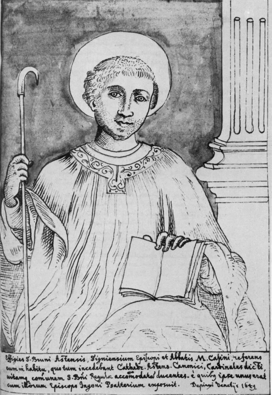 Dibujo a tinta del siglo XVII de un joven clérigo tonsurado con aureola, vestido con una larga sobrepelliz plisada de cuello bordado, que sostiene un báculo curvo en una mano y un libro abierto en la otra, junto a una columna, con una inscripción latina debajo