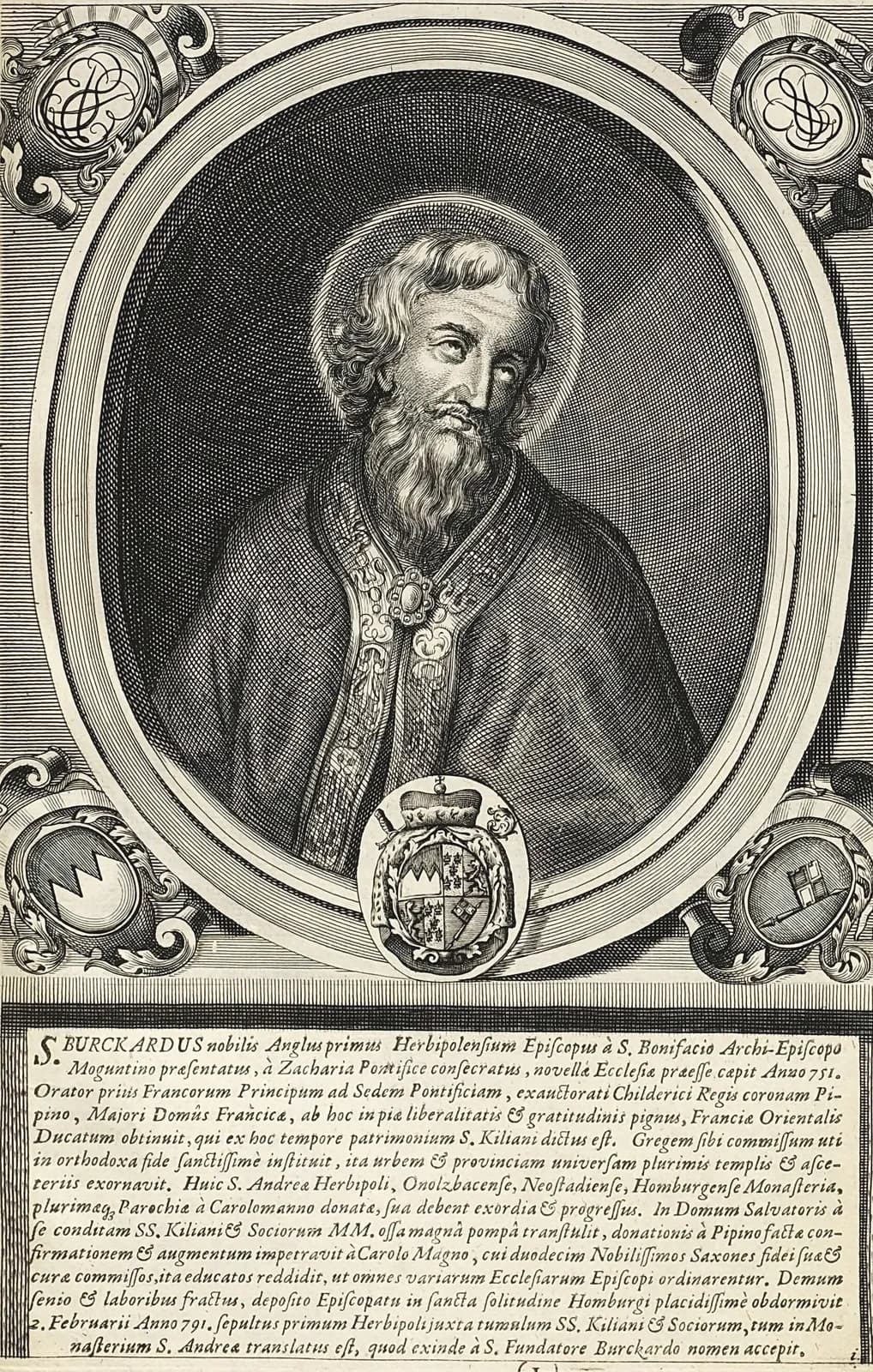 Grabado en blanco y negro de un obispo barbado con aureola, con capa cerrada por un broche enjoyado, enmarcado en un óvalo rodeado de escudos y monogramas, sobre una inscripción latina que empieza S. Burckardus