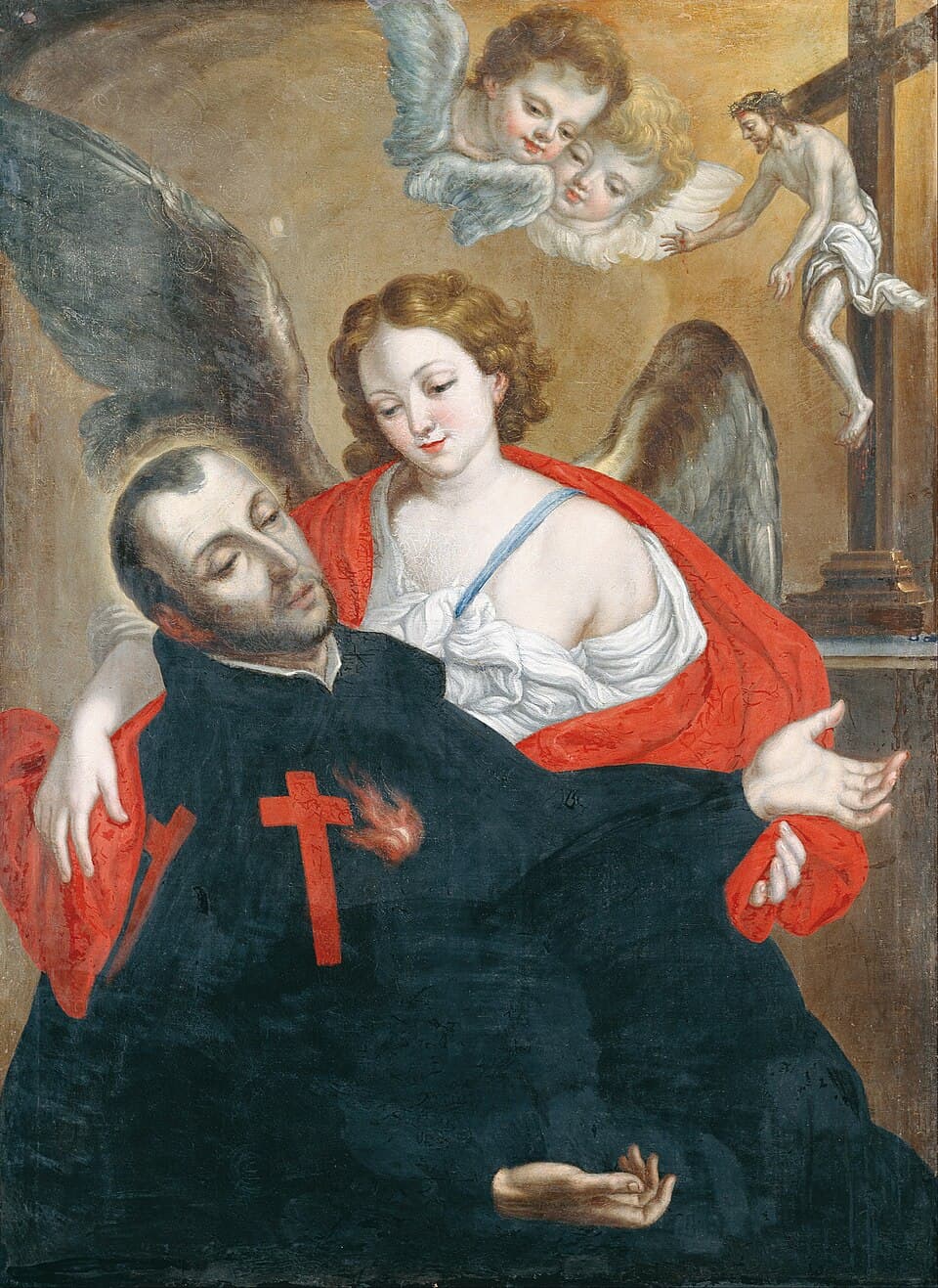 A painting of Saint Camillus de Lellis in a black cassock marked with a red cross, sinking back into the arms of an angel, with two cherubs and a crucifix above him