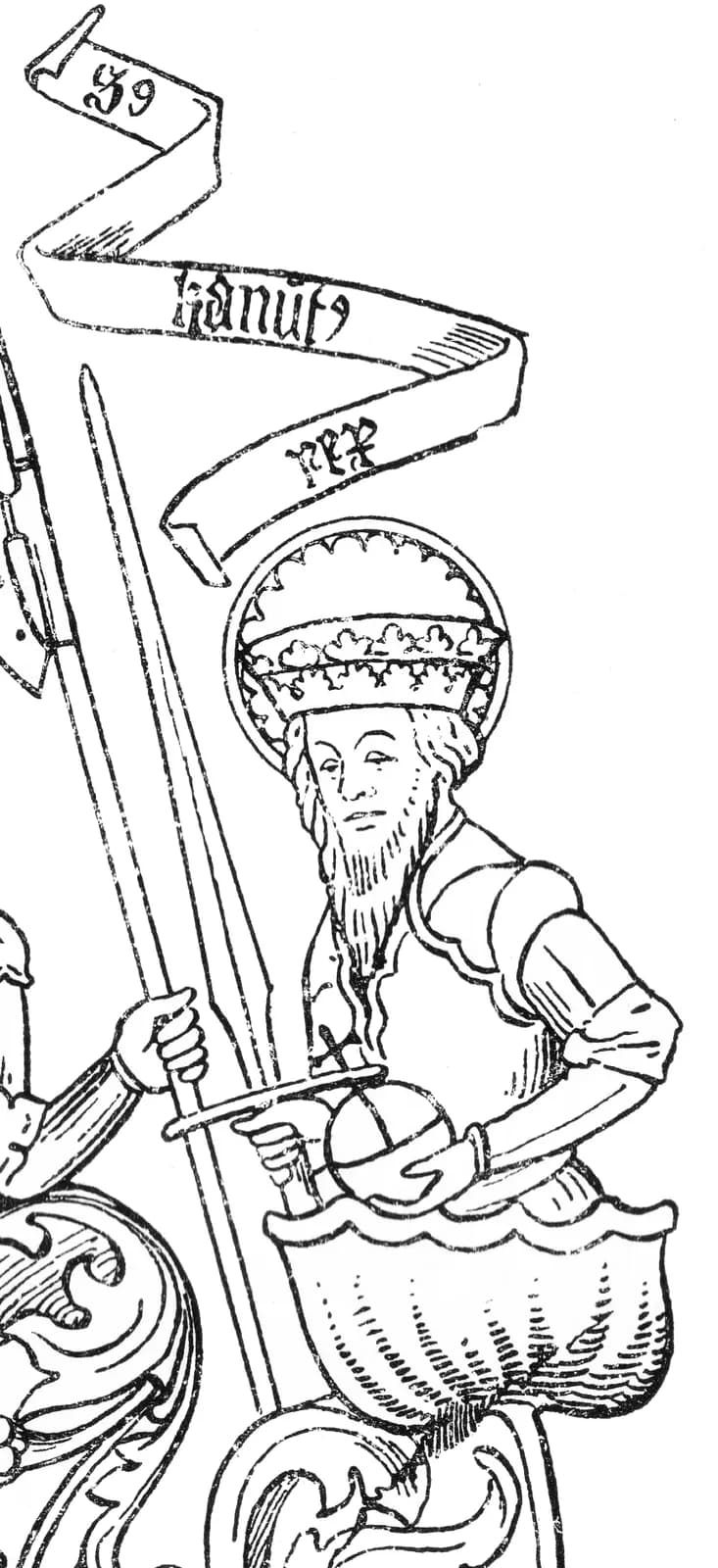 Black-and-white line drawing of a medieval wall painting: a bearded king with a crown and halo holds an orb, beneath a ribbon scroll lettered "kanut rex", with the blade of a sword crossing the picture at the left