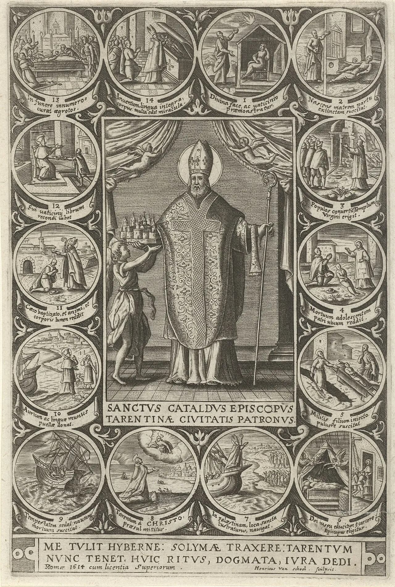 Engraving of a bearded bishop in an embroidered chasuble and miter with a crozier, an angel offering him a model of a walled city, framed by fourteen round scenes from his life with Latin captions, and a Latin inscription beneath naming him bishop and patron of Taranto