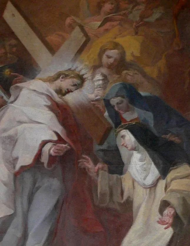 Detail of a Baroque altar painting: a Dominican nun in a white habit and black veil, wearing a crown of thorns, reaches up toward Christ, who leans down to her from a large wooden cross, with a woman in a blue veil behind her