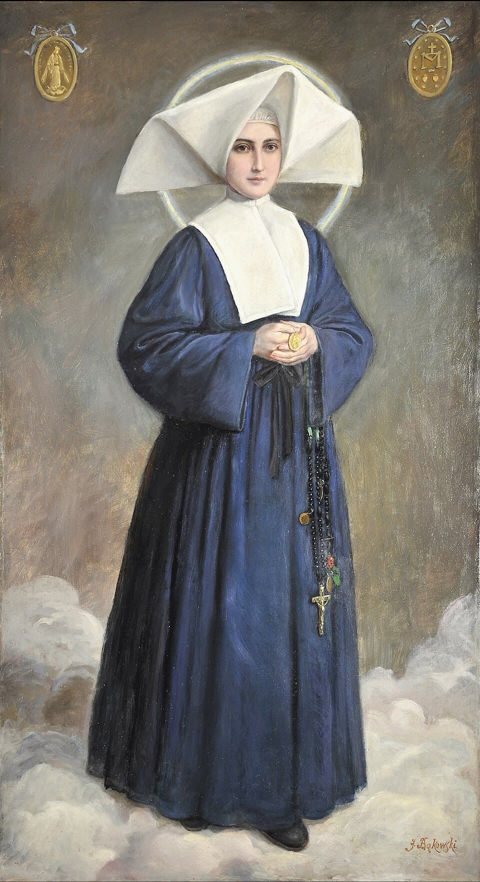 Painting of Catherine Labouré standing on clouds in the blue habit and white cornette of the Daughters of Charity, holding a medal, with the front and back of the Miraculous Medal in the upper corners