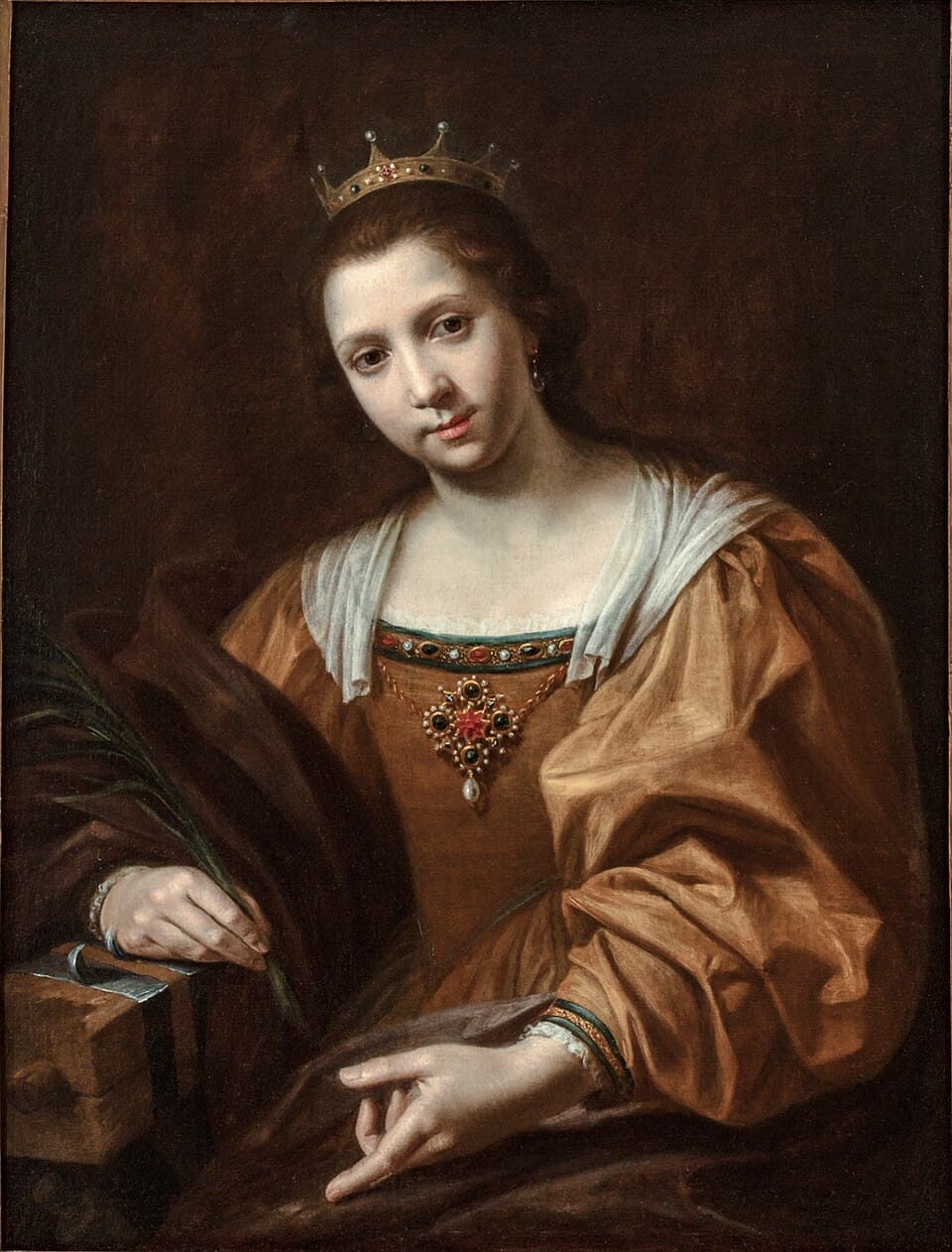 A painting of Saint Catherine of Alexandria as a young crowned woman in a gold-brown gown and jeweled necklace, holding a martyr's palm, with a sword and block beside her