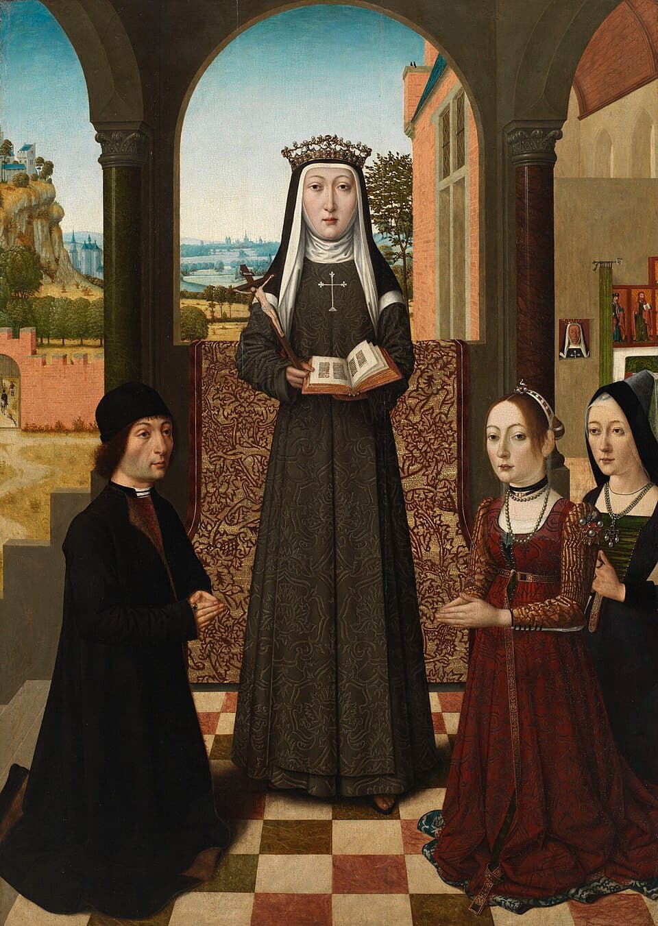 A painted panel of Saint Catherine of Bologna in a dark Poor Clare habit and a crown, holding an open book and a small crucifix, with three kneeling donors beside her