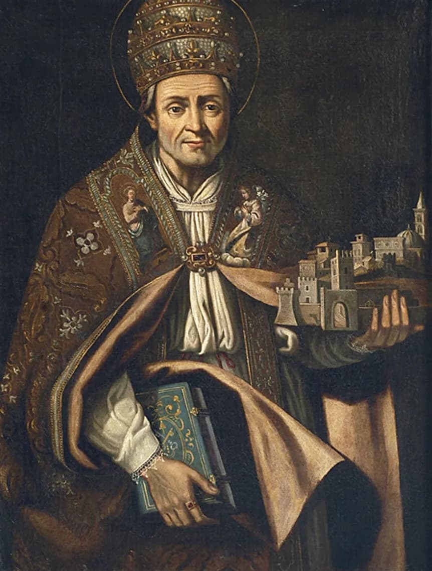 Half-length painting of an elderly pope with a halo, wearing a jeweled tiara and an embroidered brown cope, holding a blue book under one arm and a small model of a walled town with towers on his open hand