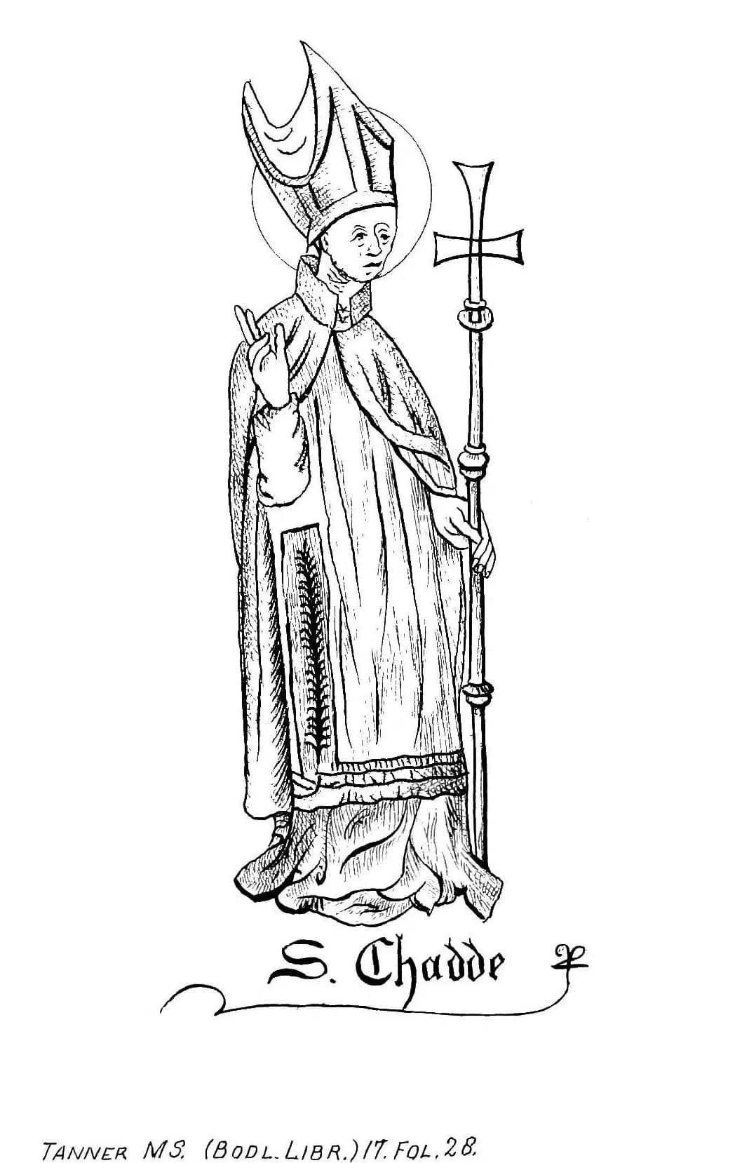 A black-and-white line drawing of a bishop with a halo, wearing a tall miter and a cope, raising his right hand in blessing and holding a cross-topped staff, with "S. Chadde" lettered beneath him
