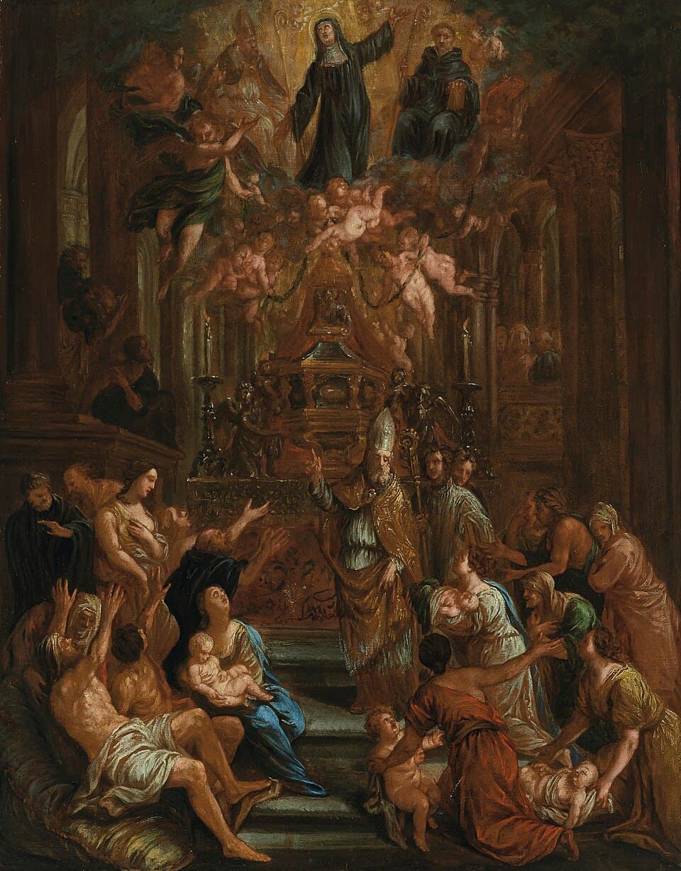 An oil sketch of Saint Charles Borromeo in a white mitre and gold cope, one hand raised over plague victims lying on the steps below an altar, with saints in glory overhead