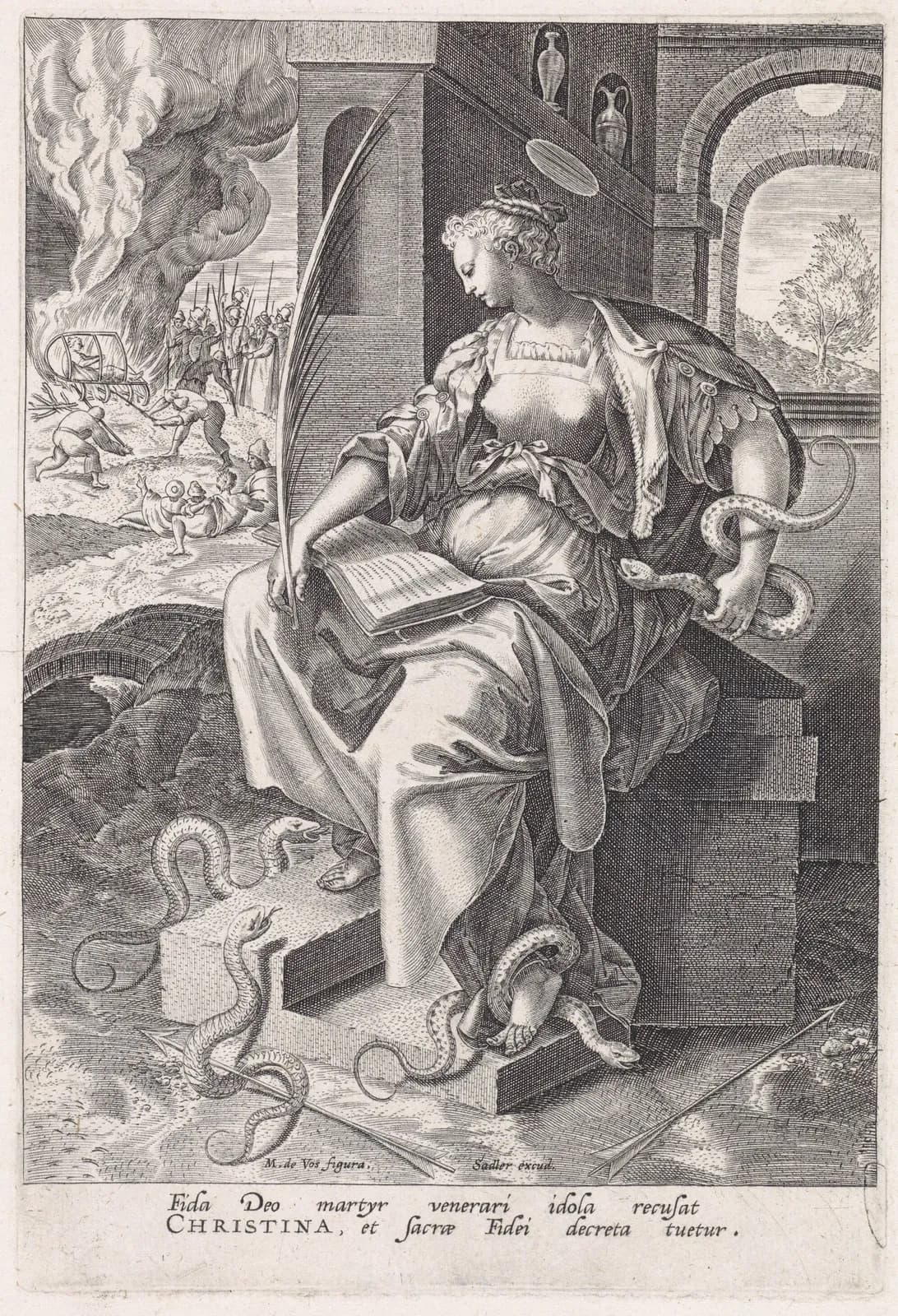 Sixteenth-century engraving of a young haloed woman seated on a stone block in a classical courtyard, reading a book with a palm branch in her hand and a snake coiled around her wrist, more snakes and arrows at her feet, a millstone beneath her and a fire in the distance, captioned CHRISTINA