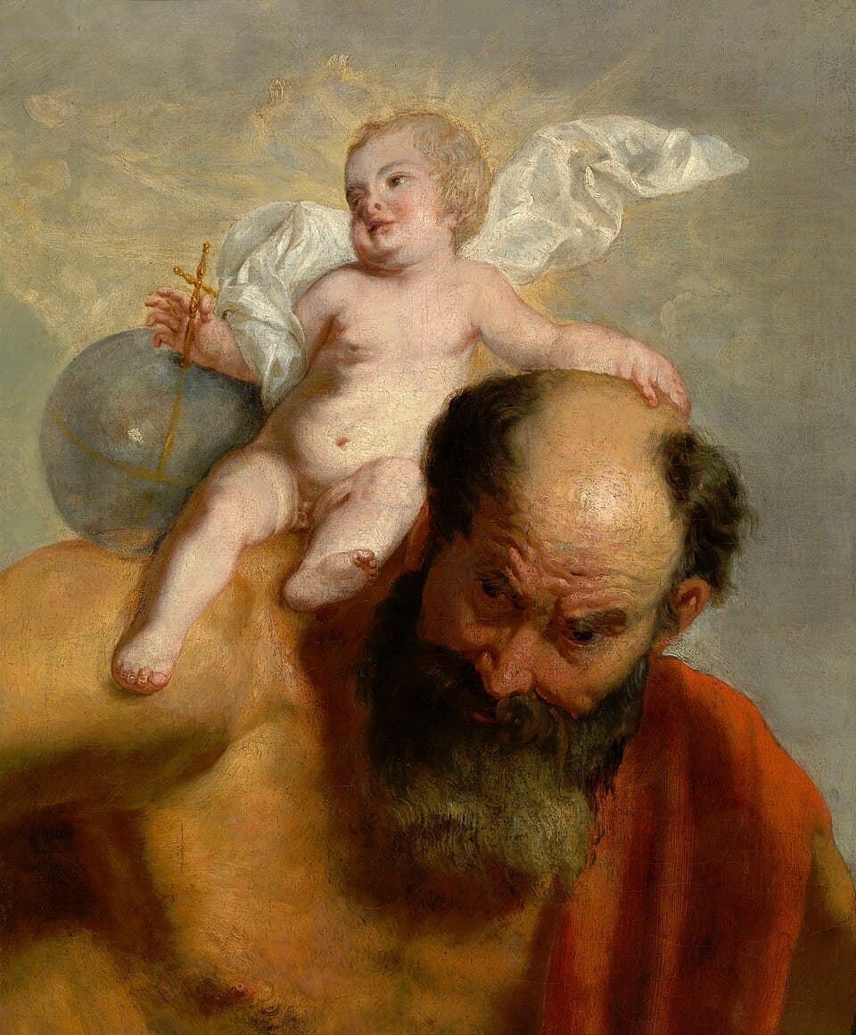 Saint Christopher, bearded and bare-shouldered in a red cloak, with the Christ Child seated on his shoulder holding a gold cross and a globe, painted by Pieter van Lint
