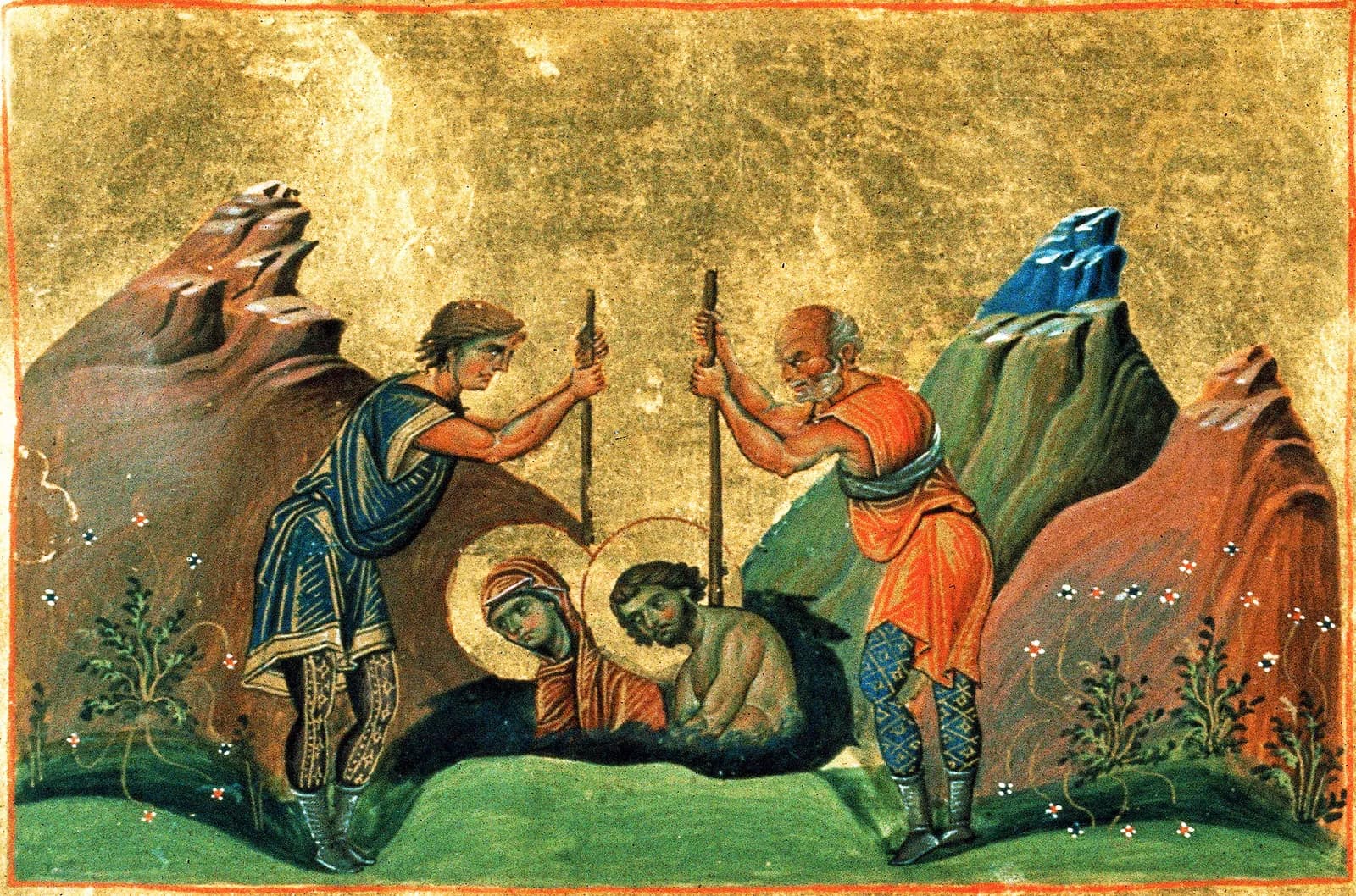 Byzantine manuscript miniature on a gold ground: two men with long poles push a haloed woman and a haloed man down into a dark pit between pink and blue rocky hills, with small flowering plants in the grass