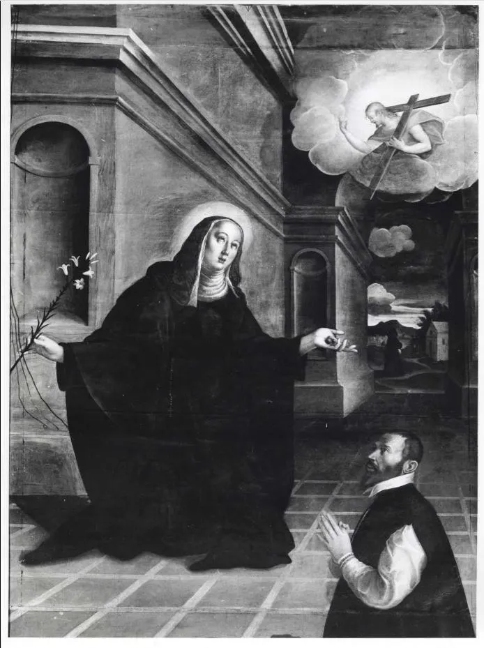 Black-and-white photograph of a painting: a haloed nun in a dark habit holds a stem of lilies and gestures toward a bearded man kneeling in prayer, while Christ appears in a cloud above carrying a cross