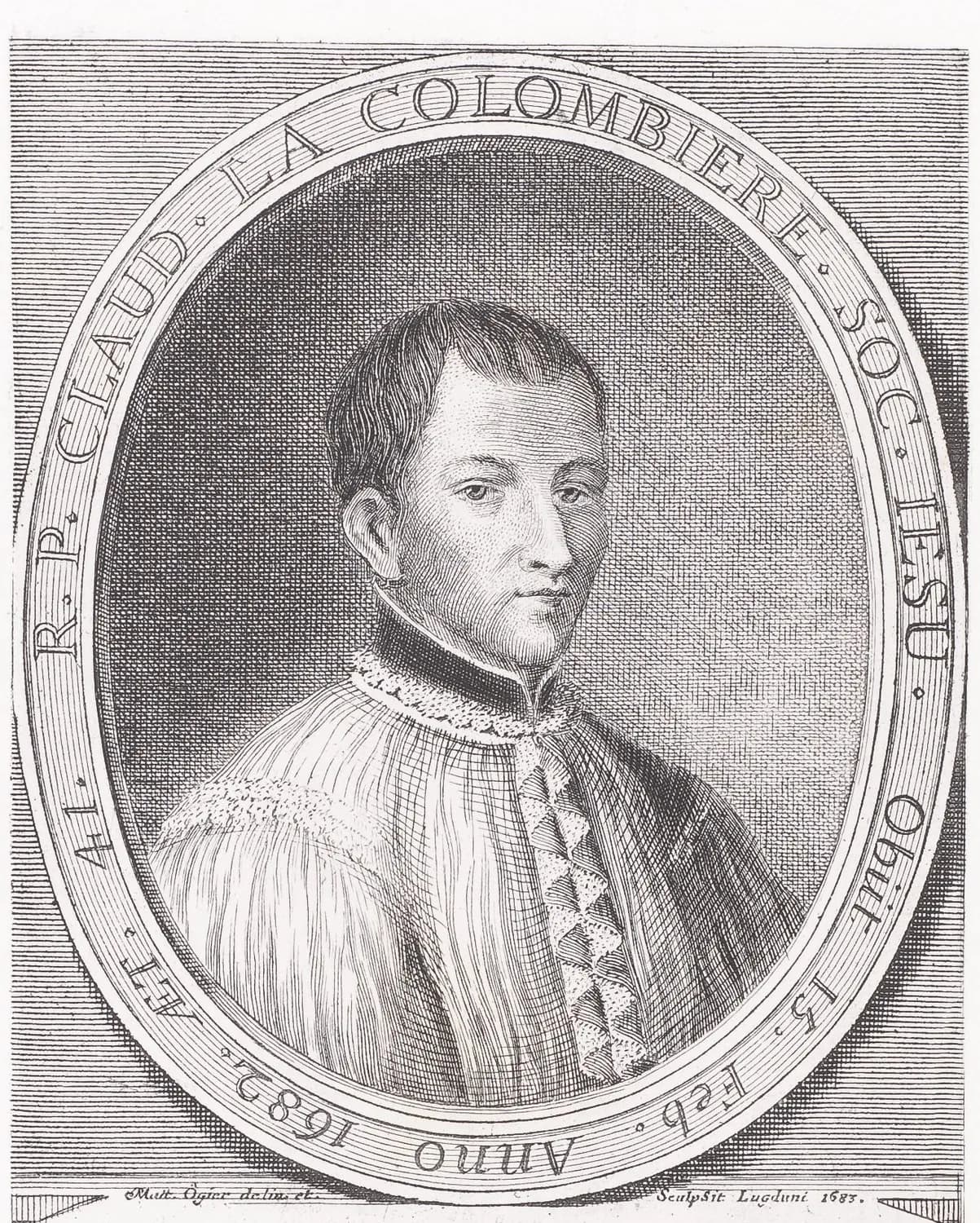 Retrato grabado ovalado de 1683 de Claudio de la Colombière con sobrepelliz jesuita, con el marco rotulado con su nombre y la fecha de su muerte