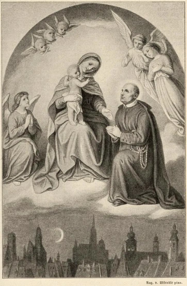 Clement Mary Hofbauer in a dark cassock with a rosary at his belt, kneeling on clouds before the Virgin Mary and the Christ Child among angels, above the rooftops and the cathedral spire of Vienna by night