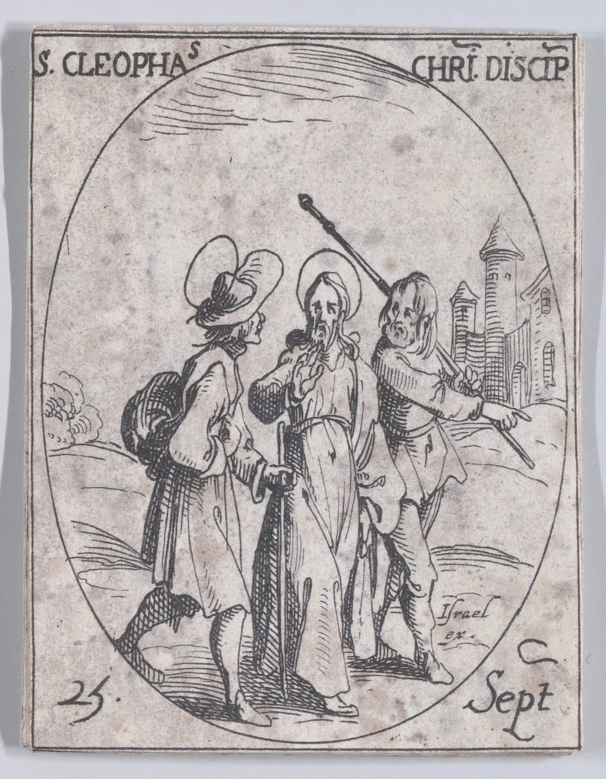 Pequeño aguafuerte del siglo XVII en un marco oval: Cristo con aureola camina entre dos viajeros, uno con sombrero de pluma y un fardo a la espalda y otro barbado con un bastón al hombro, con una ciudad y una torre al fondo, con la inscripción S. Cleophas Chri. Discip. y 25 Sept