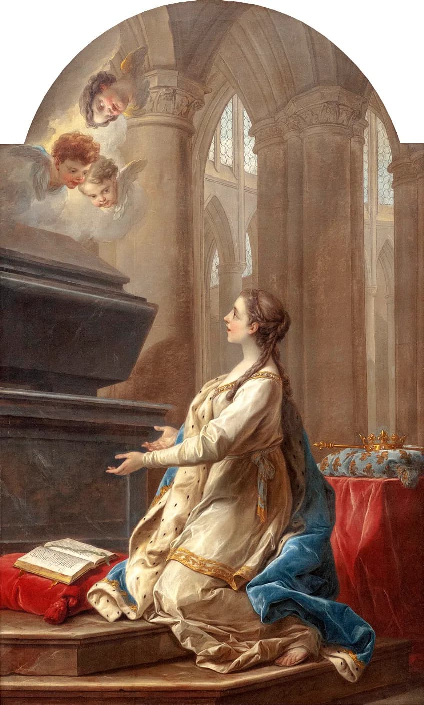 Painting of a young queen in a cream gown trimmed with ermine and a blue mantle, kneeling with open hands before a dark stone tomb in a Gothic church while three winged cherub heads look down from a cloud; her crown and scepter rest on a cushion behind her and a book lies open beside her