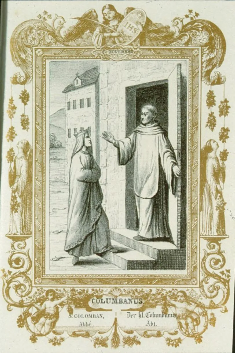 Litografía de 1839 con una orla dorada decorativa, rotulada Columbanus, que muestra al abad de pie en la puerta de un monasterio con una mano alzada frente a una reina coronada que se acerca al escalón