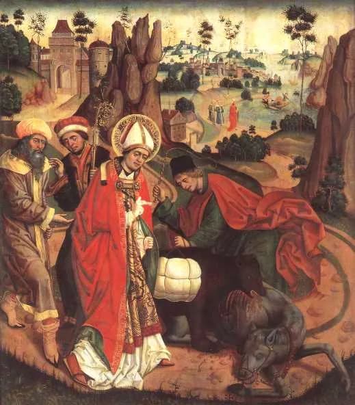 Late medieval panel painting of a bishop in a red cope and white miter walking through a rocky landscape with companions, while a servant straps a white bundle onto a brown bear beside a dead pack animal lying on the ground