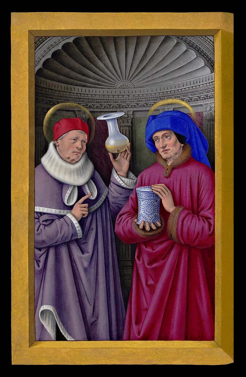 A manuscript miniature of two haloed physicians in fur-trimmed robes standing before a carved stone niche: one in purple and a red cap holds up a glass flask, the other in crimson and a blue hood holds a blue-and-white jar