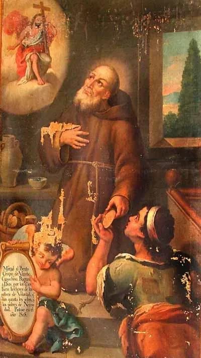 Painting of an old bearded Capuchin friar in a brown habit looking up to a vision of the risen Christ while he hands bread to a kneeling poor man, with a cherub holding a Spanish inscription in the corner