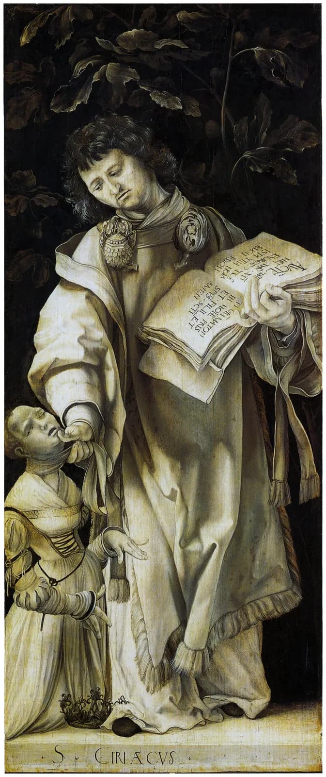 Early sixteenth-century grisaille panel painting of a curly-haired deacon in a long fringed dalmatic holding an open book, his other hand at the mouth of a kneeling young woman with a crown at her feet, against dark leaves, inscribed S. CIRIACVS