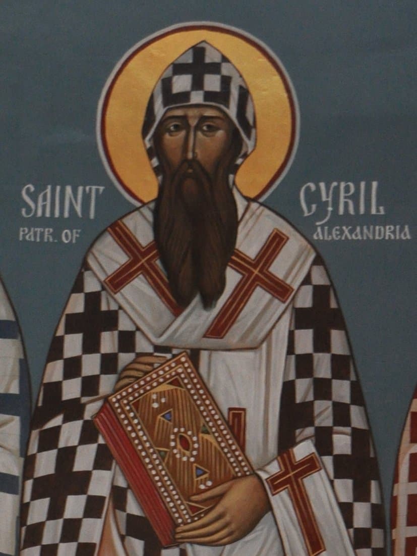 An icon of Cyril of Alexandria as a bishop in a cross-patterned omophorion and jewelled mitre, holding a book, lettered with his name and see