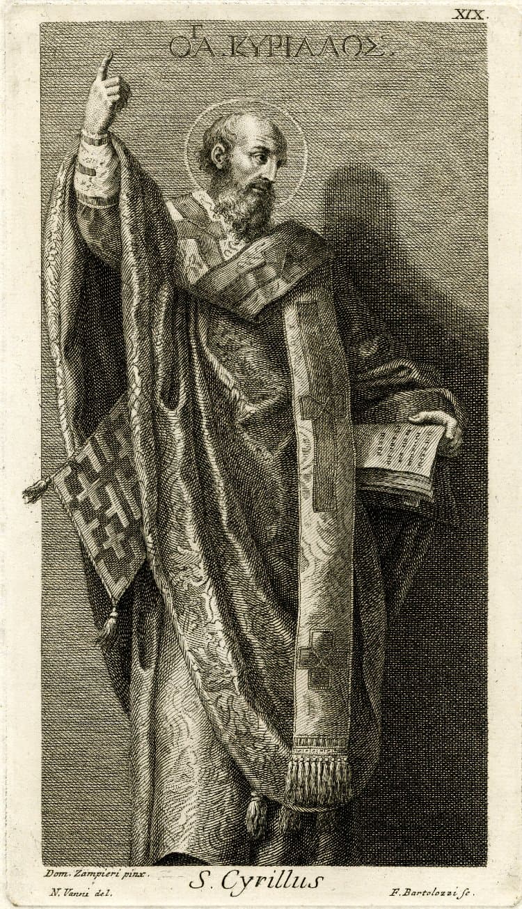 An engraved portrait of Saint Cyril of Jerusalem as a bishop in an embroidered cope, one hand raised in teaching and an open book in the other, his name lettered in Greek above