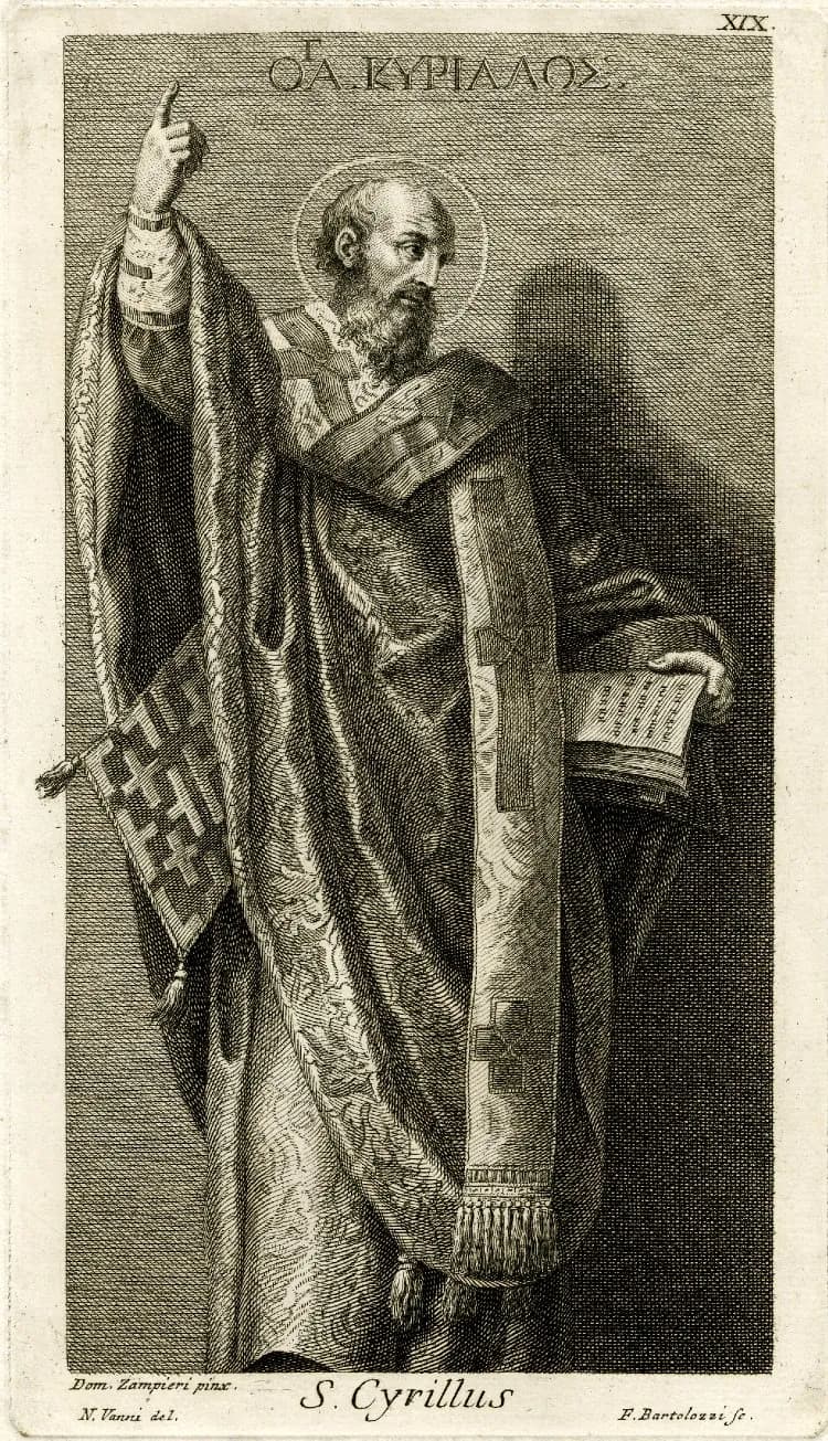 Retrato grabado de San Cirilo de Jerusalén como obispo con capa pluvial bordada, una mano alzada en gesto de enseñanza y un libro abierto en la otra, con su nombre escrito en griego sobre él