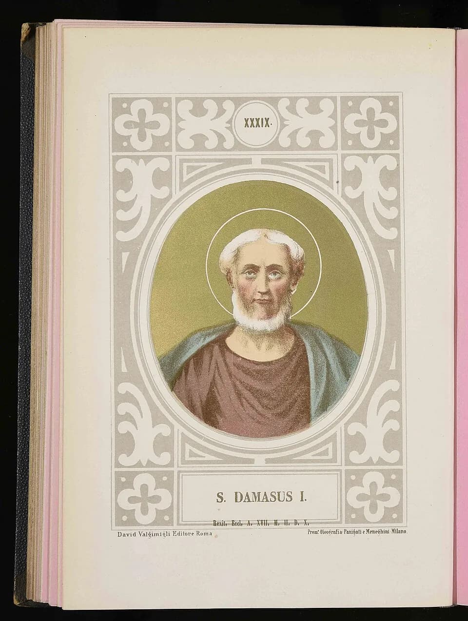 Color lithograph of Saint Damasus I as an elderly bearded man with a halo, set in an oval frame on an ornamental page labeled S. Damasus I