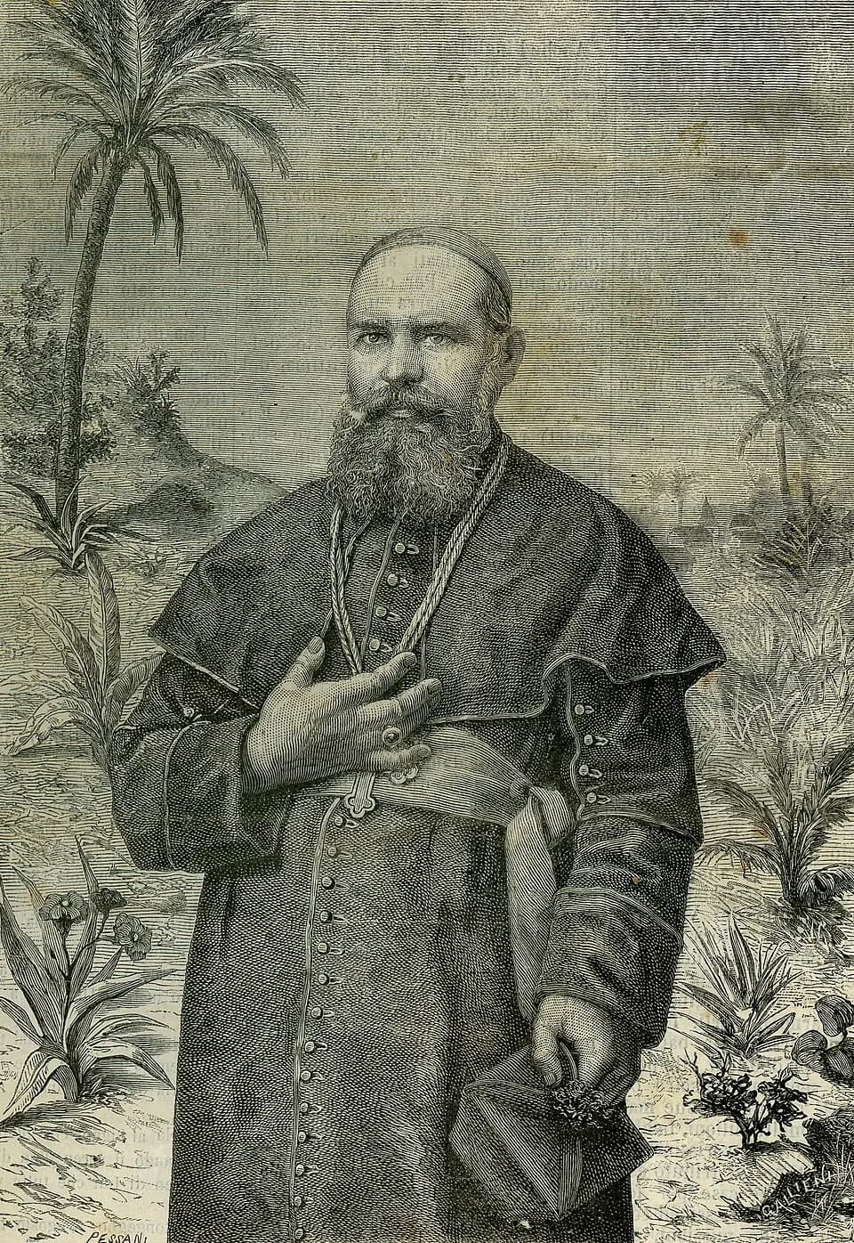 A wood engraving of Daniel Comboni as a bishop, bearded, in a buttoned cassock and short cape with a pectoral cross on a cord, his right hand on his chest, standing before palm trees