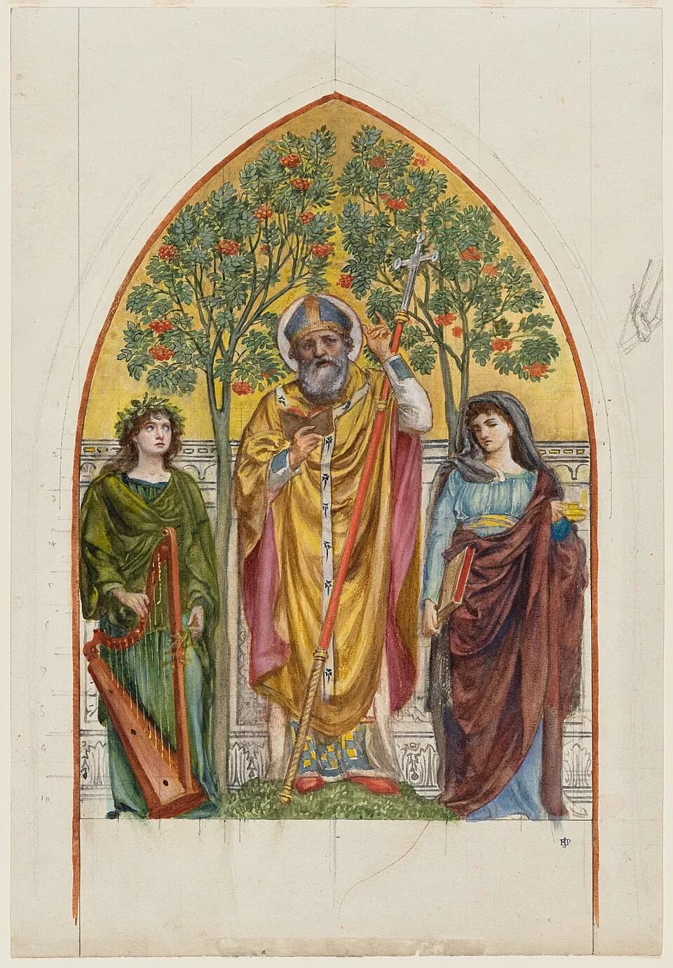 A bearded bishop in a gold cope and mitre, holding a book and a cross-topped staff, stands on a grassy mound between rowan trees, with a young woman holding a harp on his right and a veiled woman holding a book and a lamp on his left