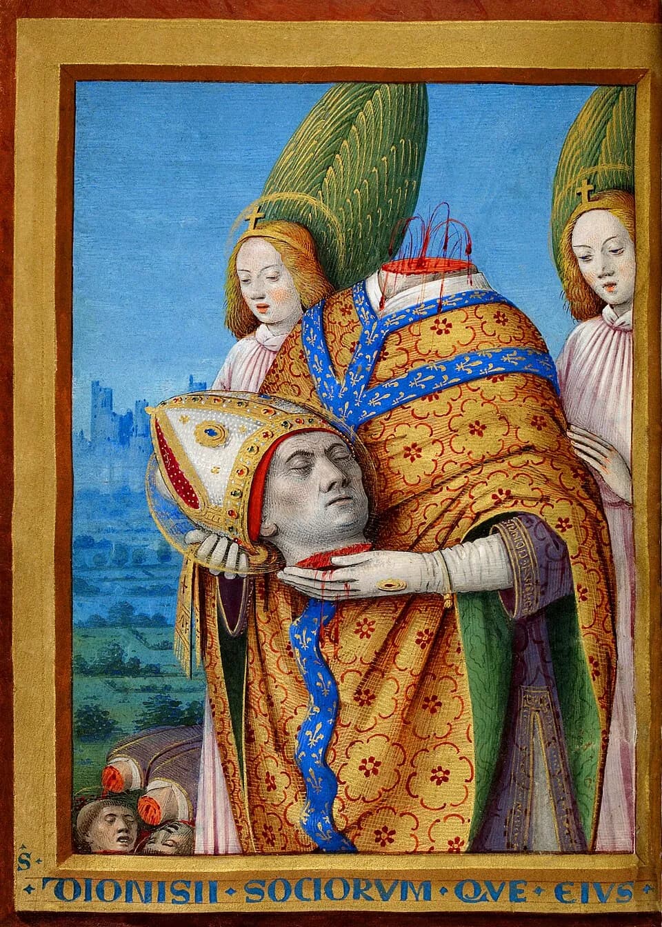 A headless bishop in a gold chasuble embroidered with fleurs-de-lis holds his own mitered head in his hands, attended by two winged angels, with a castle in the distance behind him and two more severed heads at the lower left
