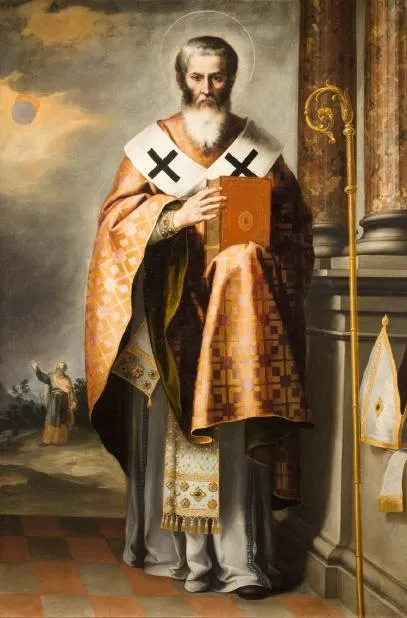 Full-length painting of a gray-bearded bishop with a halo, in a gold brocade cope and white pallium marked with black crosses, holding a red book; a crozier and miter stand beside him, and in the distance a darkened sun hangs over a small figure with raised arms