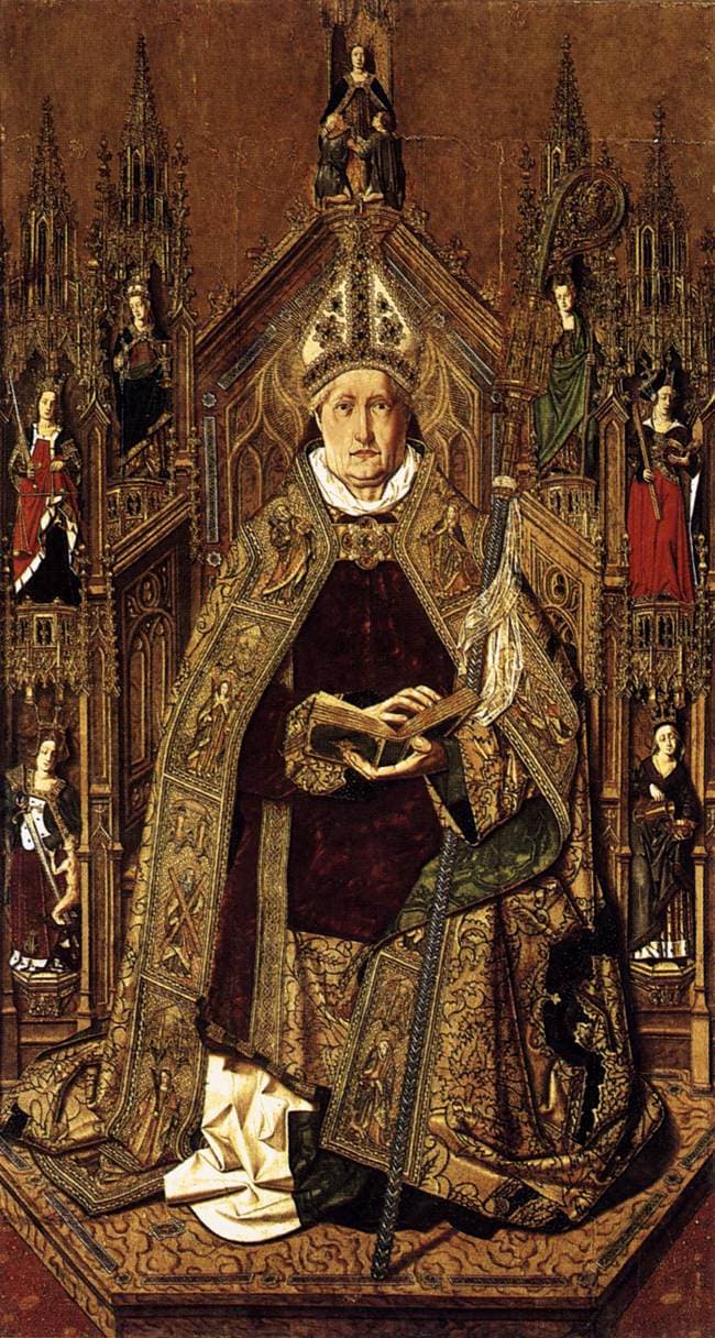 Bartolome Bermejo's panel of Saint Dominic of Silos enthroned as a bishop, in a gold mitre and cope beneath an elaborate Gothic canopy, holding a crozier