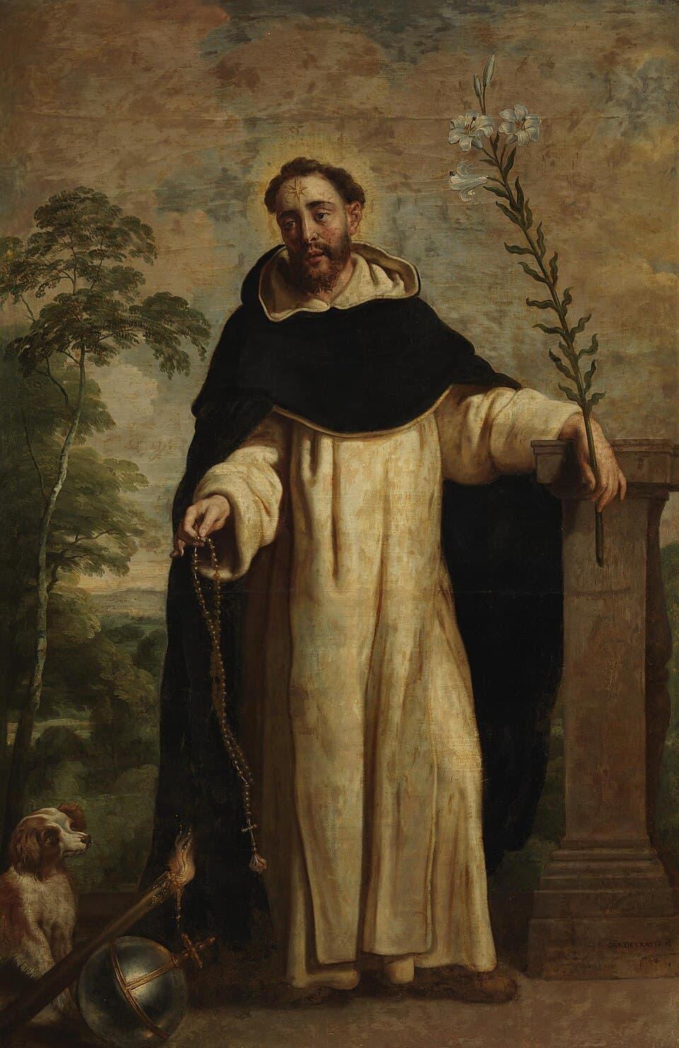 Saint Dominic standing in the black and white Dominican habit, a rosary in one hand and a lily in the other, with a star on his forehead and a dog at his feet, painted by Gaspar de Crayer