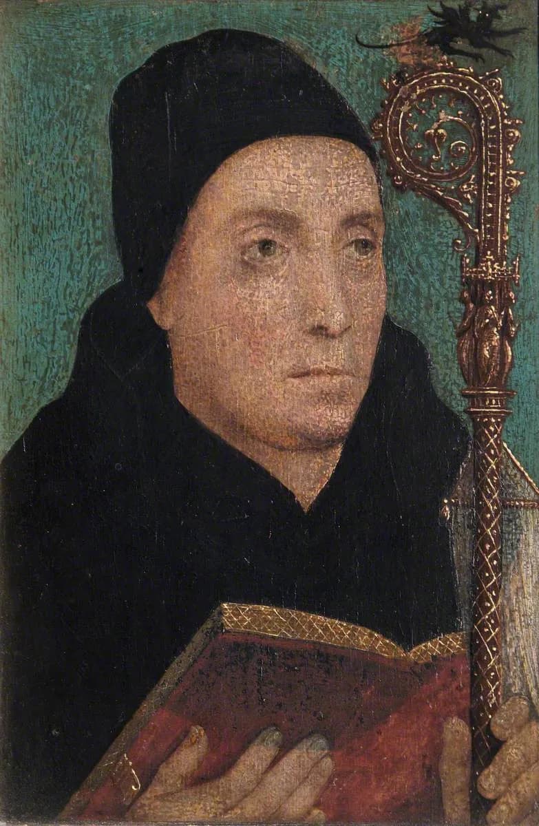 Half-length portrait of a pale monk in a black hood and habit, holding an open red book in one hand and a gilded crozier in the other, with a small dark winged figure at the top of the crozier against a green background