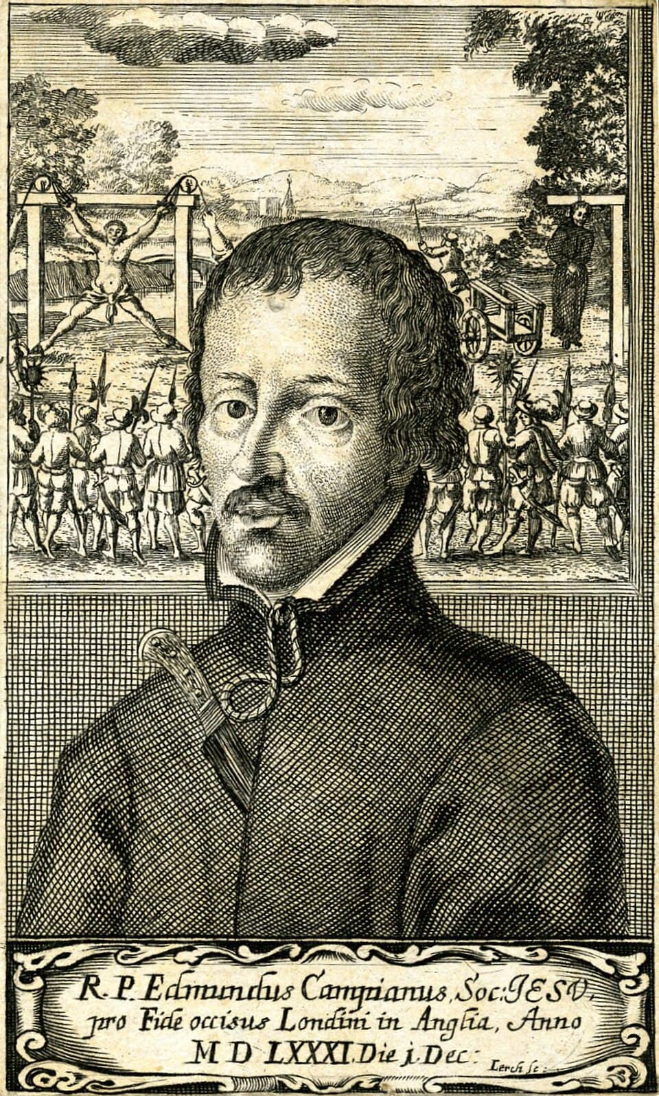 Engraved half-length portrait of a Jesuit with curly hair and a moustache, a knife in his chest, in front of a scene of men hanged on gallows and being quartered before a crowd of soldiers