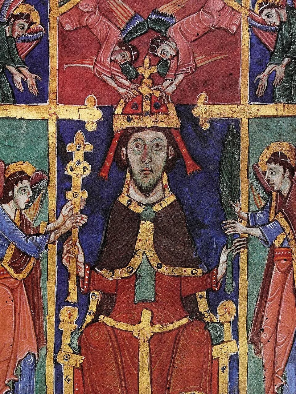 A medieval manuscript painting of a bearded king enthroned in red and brown robes, holding a gold scepter, while angels lower a crown onto his head and another angel hands him a martyr's palm