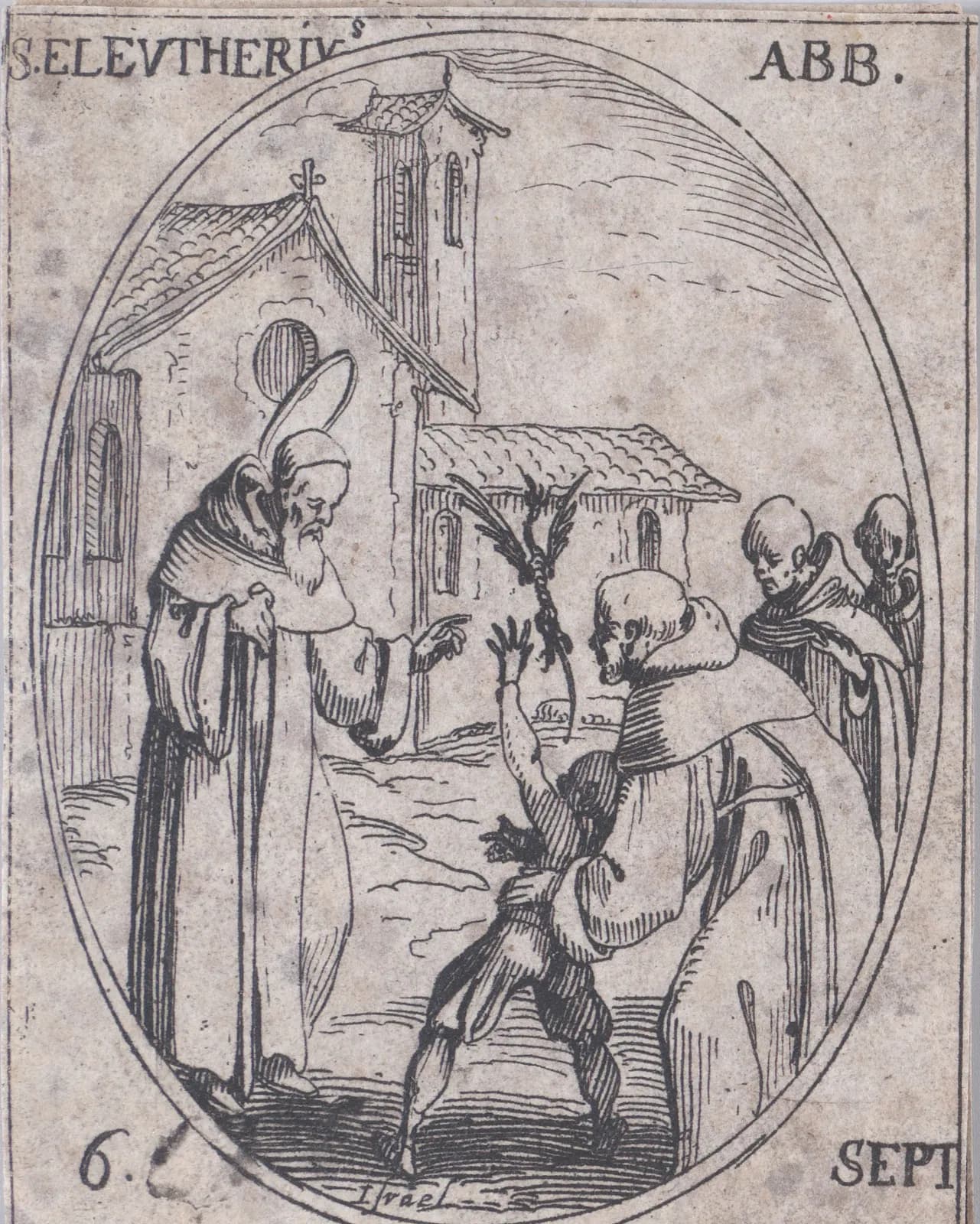 Small seventeenth-century etching in an oval frame of an elderly bearded abbot with a halo, in a hooded habit, standing before a church and pointing toward a boy who raises his hands while a monk holds him, with two more monks watching, inscribed S. Eleutherius Abb. and 6 Sept