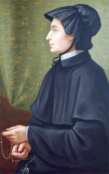 Elizabeth Ann Seton in profile, wearing a black bonnet and the black habit of the Sisters of Charity and holding a rosary, painted by Amabilia Filicchi