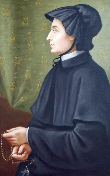 Isabel Ana Seton de perfil, con una toca negra y el hábito negro de las Hermanas de la Caridad, sosteniendo un rosario, pintada por Amabilia Filicchi