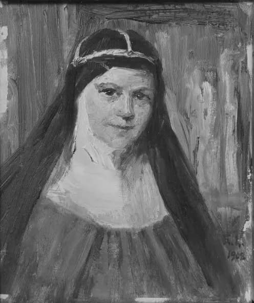 A head-and-shoulders oil sketch, in black and white, of Elizabeth Hesselblad in the Bridgettine habit, with a long dark veil and the order's white-banded crown over a white wimple
